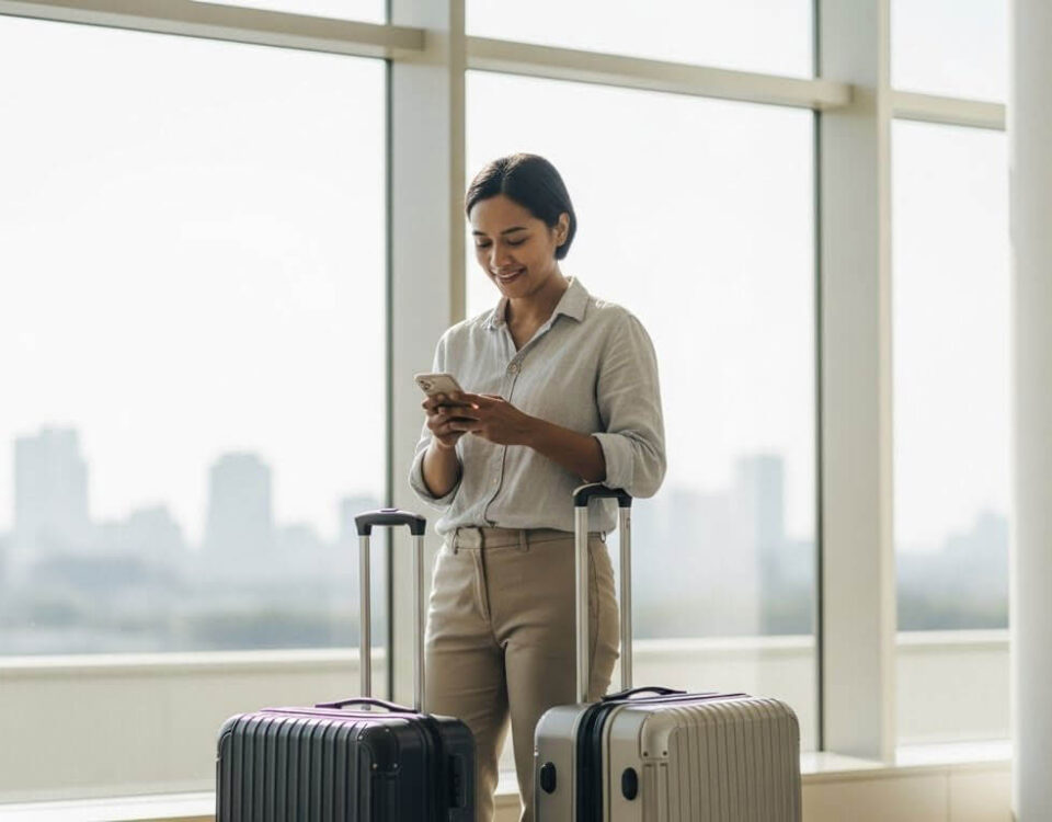 Traslado en taxi al aeropuerto con pasajero organizado y maletas, representando la planificación anticipada y un viaje sin estrés.