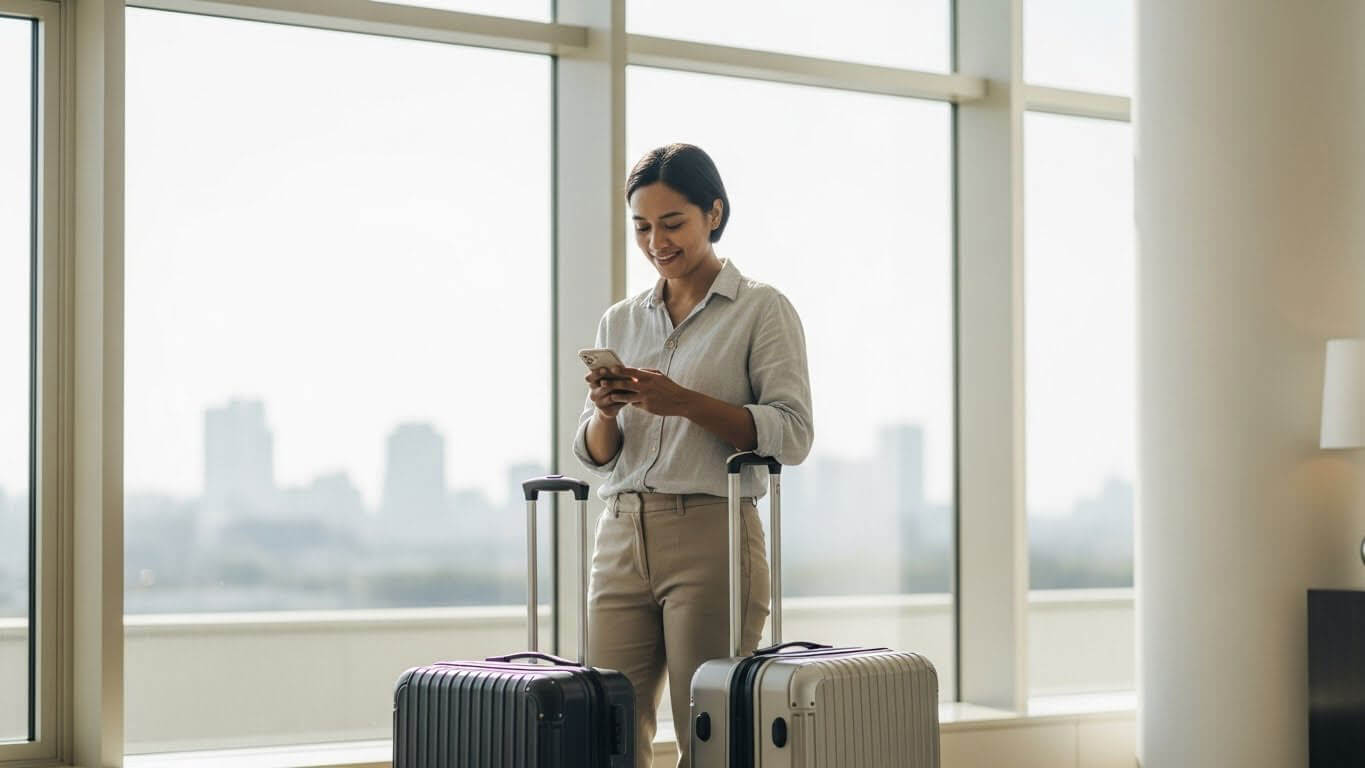 Traslado en taxi al aeropuerto con pasajero organizado y maletas, representando la planificación anticipada y un viaje sin estrés.